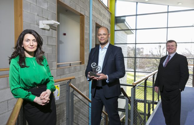 COO of Kianda, Derya Sousa and CEO of Kianda receive Ireland's Best Export Award from Head of Enterprise at LEO, Oisin Geoghegan